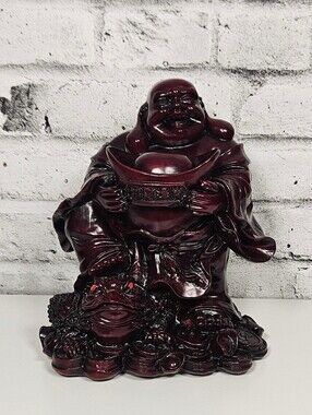 Vintage Carved Wood Laughing Buddha Money Frog Feng Shui Statue Decor